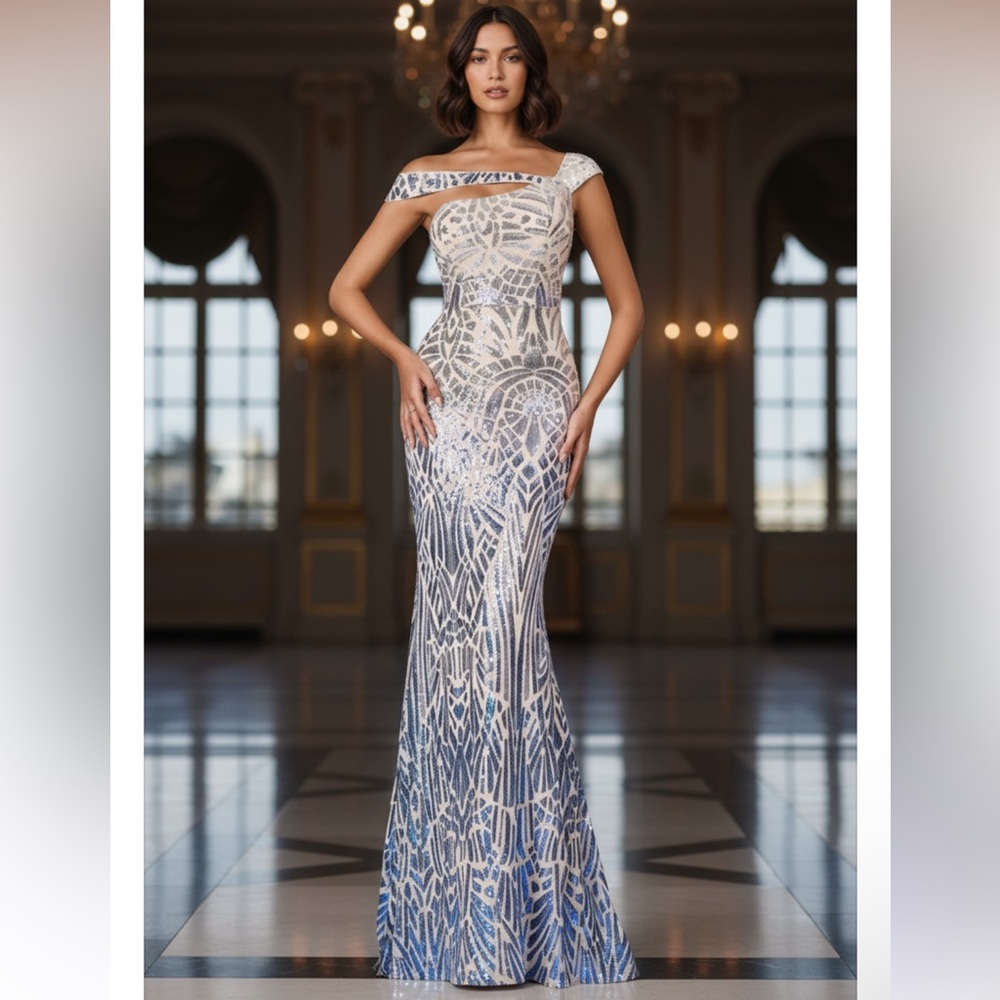 NEW‎ - Luxury  Blue and White Evening Gown